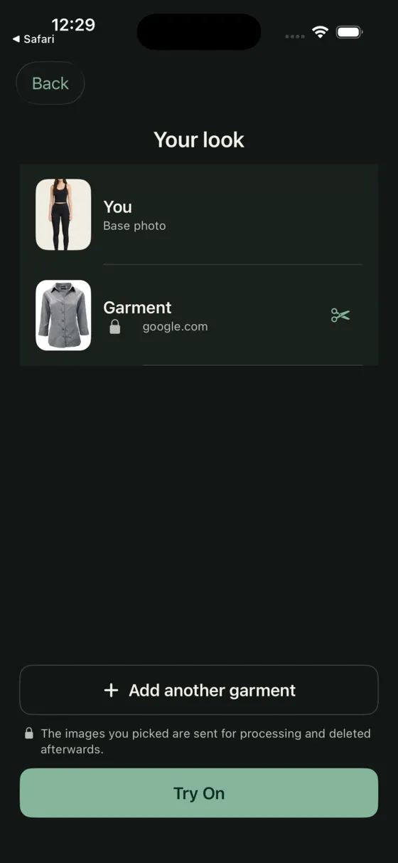 The Your look screen, listing the person's base photo and the garment they shared.