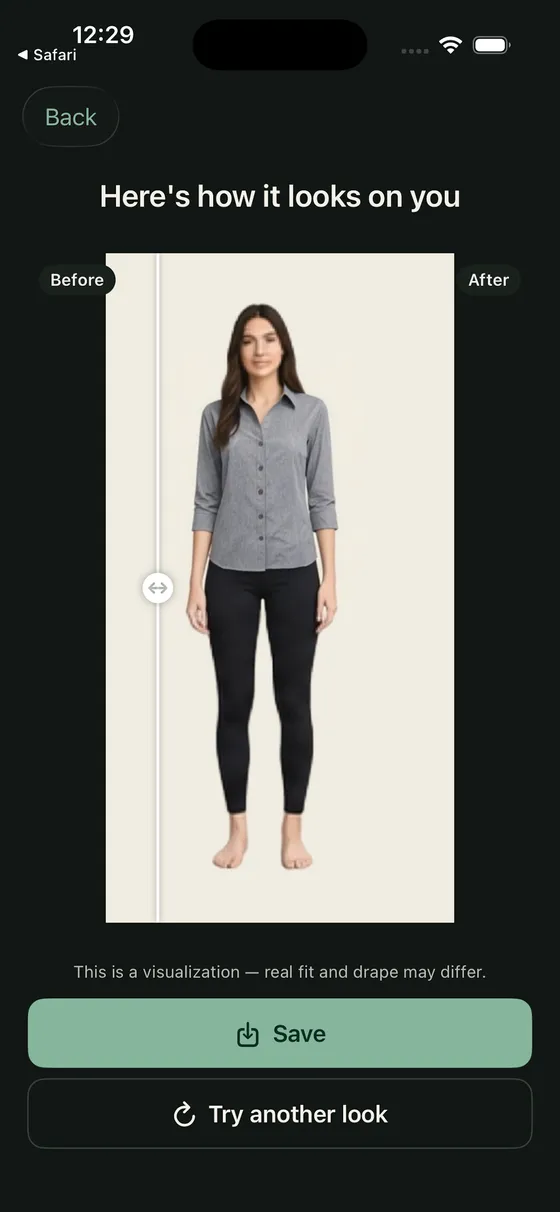 The Try-On result screen, showing a shirt worn by the person in their own photo, with a slider between the original and the result.